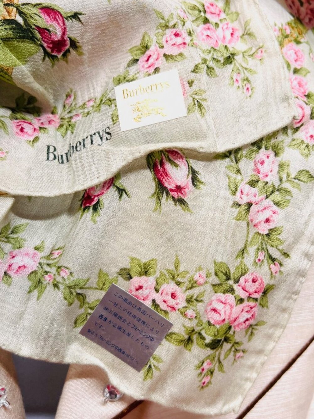 New   Burberry Neck-handker /Mini Scarf 21" Cotton Olive Gray Floral Check(78 - Picture 11 of 13